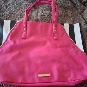 Juicy Couture Hot Pink Tote with Gold Hardware and Black & White Stripe Sides